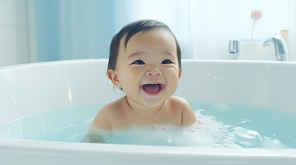 Asian newborn baby taking a bath in the bathroom background. - obrazy, fototapety, plakaty