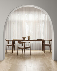 Modern minimal style wooden interior with window, arch and dining table background. Nature design. 3d rendering. High quality 3d illustration