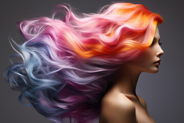 Naklejka premium Beautiful girl with rainbow hair, professional hair coloring