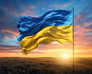 Ukraine Flag Flying proudly at Sunset over Rolling Hills