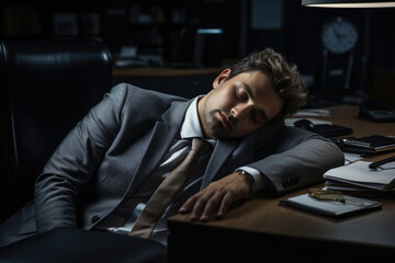 Tired businessman sleeping in office on the table at his workplace