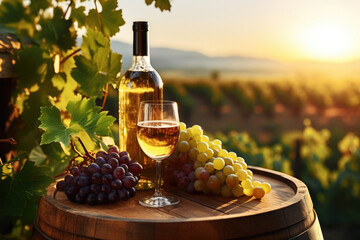 Wine in a glass and grapes on a barrel on the background of a vineyard, winemaking concept