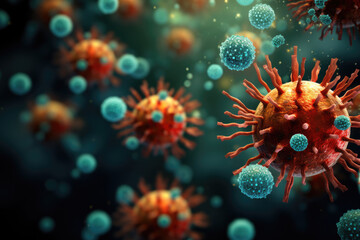 Close-up of colored virus cells or bacteria