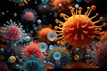 Close-up of colored virus cells or bacteria