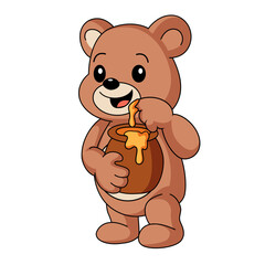 Cute baby bear holding honey pot isolated