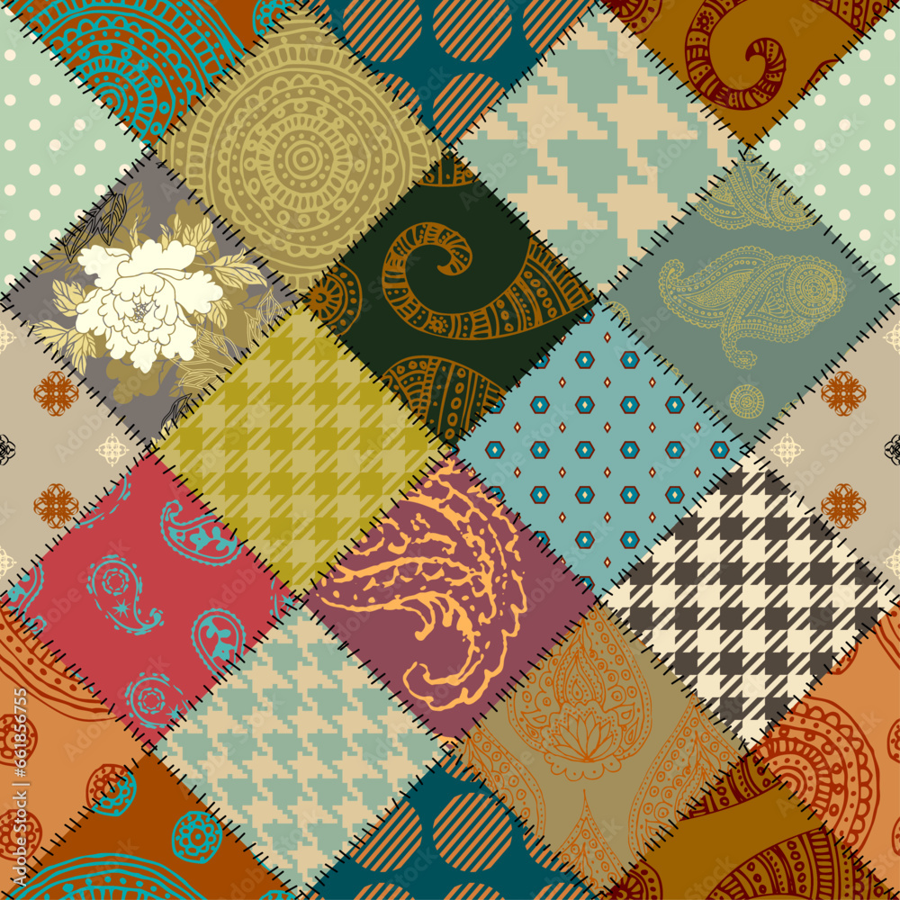Poster Quilting design patchwork pattern with natural khaki colors. Vector pattern.