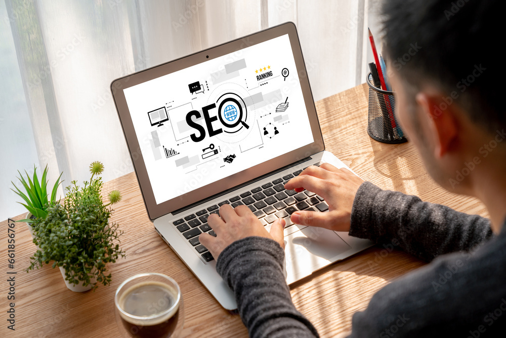 Wall mural seo search engine optimization for modish e-commerce and online retail business showing on computer 