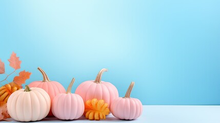 a lot of pastel pumpkins. Banner for autumn seasonal holidays