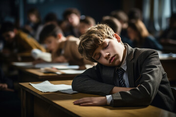 Tired schoolboy sleeping in classroom at school