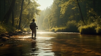 Man fly fishing in the river in the woods