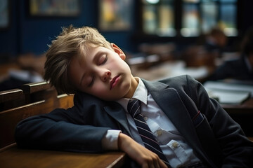 Tired schoolboy sleeping in classroom at school