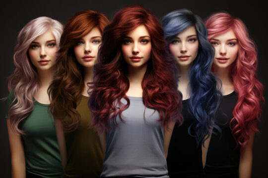 Girl with different hair colors, concept of choosing hair dye
