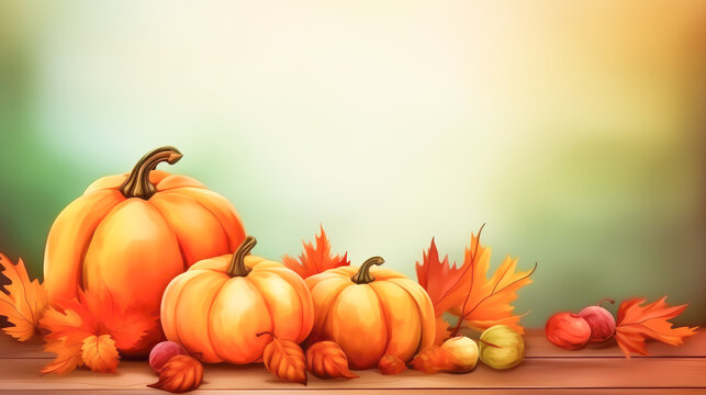 Fall illustration with pumpkins and fall leaves with copy space.