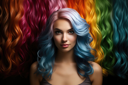 Girl against the background of a palette of different colors of hair dye, color selection