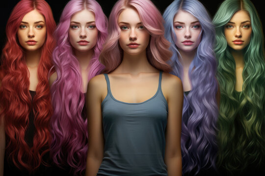 Girl with different hair colors, concept of choosing hair dye