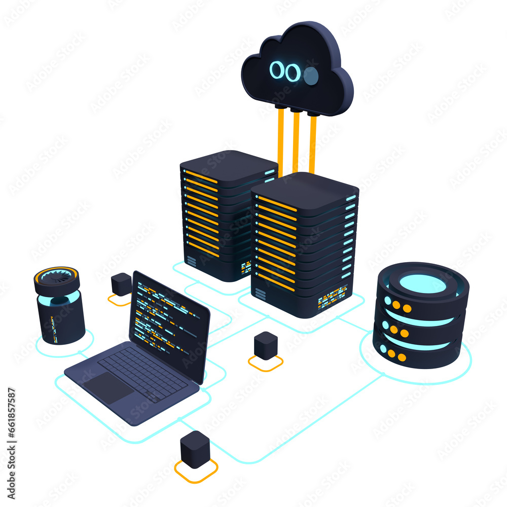Poster Cloud technology computing concept. Modern cloud technology. Data center isometric concept. 3D cloud technology with datacenter. Web hosting concept. 3D rendering
