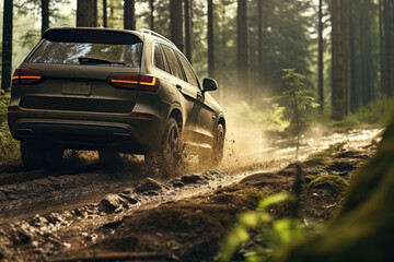 Fototapeta premium Crossover SUV car driving along a forest road