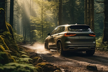 Crossover SUV car driving along a forest road