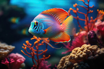 Tropical sea underwater colored fishes in coral reef. Seascape, ocean landscape