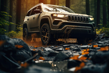 Four-wheel drive SUV in the forest - obrazy, fototapety, plakaty