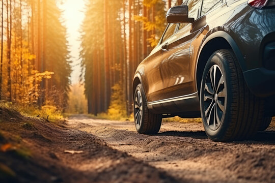 Crossover SUV car driving along a forest road clipping part