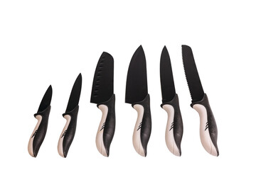 Close up view of set of kitchen knives isolated on white background. Sweden.