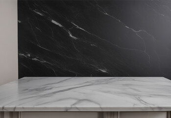 Empty table marble black countertop on black wall background. high quality photo.
