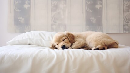 Golden retriever puppy sleeping in bed at home bedroom with window background