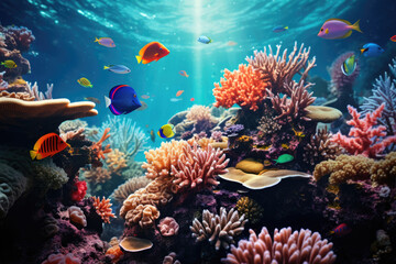 Naklejka na ściany i meble Tropical colorful fish in the ocean, underwater background