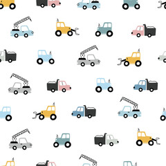Set of hand drawn construction vehicles baby seamless pattern vector with tractor and truck on white background Cute design, cartoon style. used for print, decorative wallpaper