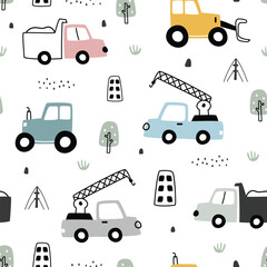 Hand drawn construction vehicles baby seamless pattern vector with tractor and truck on white background Cute design, cartoon style. Use for printing, wallpaper, fabrics, fashion textiles.