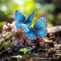 There are two blue butterflies. Polyommatus icarus in the wild