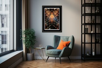 A poster hangs in a living room corner with an armchair. Generative AI