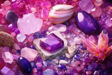 Obraz na płótnie Canvas Collection of pink purple and magenta crystals and precious stones