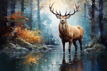 Abstract oil painting of a stag with sparkling reflections
