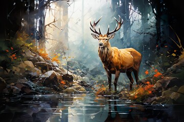 Abstract oil painting with dazzling reflections of a stag