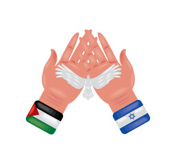 israel and palestine flags in hands with dove