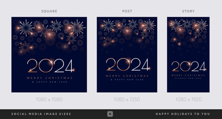 2024 Happy New Year Merry Christmas social media backgrounds design with fireworks - stories, square, portrait feed post custom sizes design