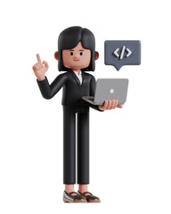 3d Illustration of Cartoon Businesswoman developing website on laptop