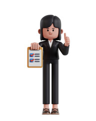 3d Illustration of Cartoon businesswoman holding clipboard completing task with checklist