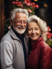 A happy couple in love, a elder man and woman smile and embrace