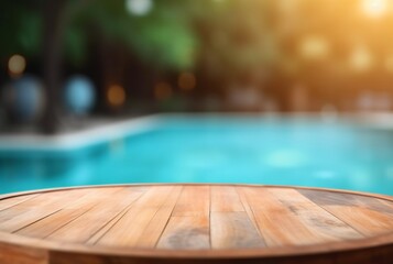 empty wooden table with blurred background of swimming pool and sunlight, for podium product display. generative ai