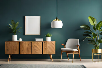 Wooden dining table and chairs against green wall. Scandinavian, mid-century home interior design	. Perfect for Working Space and Home Office. Ideal for 