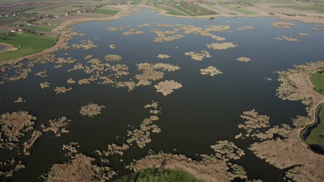 Aerial footage of a Ludas lake nature reserve, habitat for many bird species