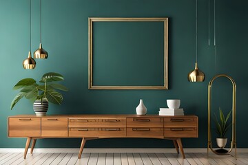 Wooden rustic bench with pillows against wall with two poster blank frames. Country farmhouse interior design of modern home entryway