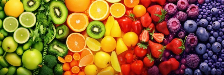 Variety of fresh fruits, top view, bright rainbow colors. - obrazy, fototapety, plakaty