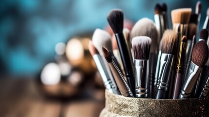 Make-up cosmetics brushes on a table. Beauty background.