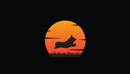 Vintage Retro sunset Jumping Corgi dog vector illustration, suitable for printing on T-shirts, posters etc.