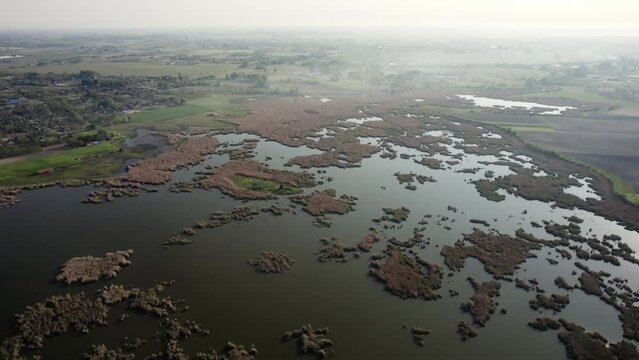 Aerial footage of a Ludas lake nature reserve, habitat for many bird species