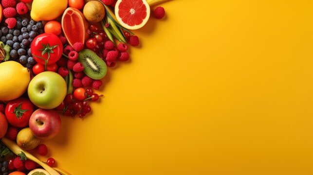 Fruits and vegetables on yellow background. Healthy food concept with copy-space. Top view.
